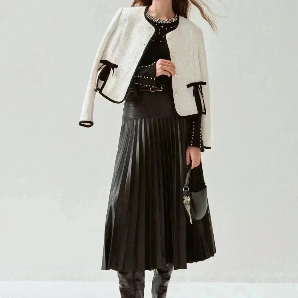 Black Casual Women's Romantic Black Pleated PU Skirt